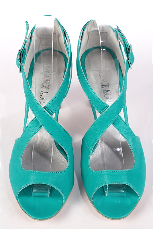 Aquamarine blue women's closed back sandals, with crossed straps. Round toe. High kitten heels. Top view - Florence KOOIJMAN